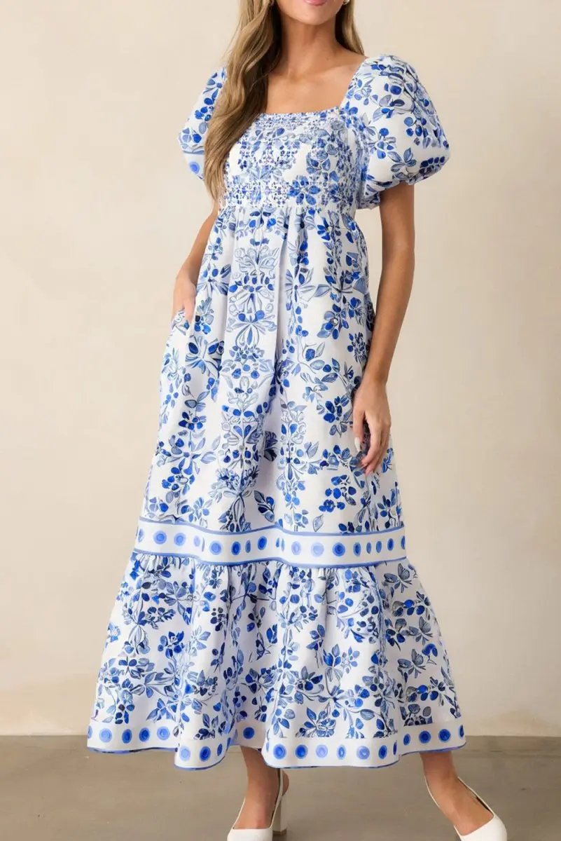 Sky Blue Floral Print Square Neck Bubble Sleeve Dress - Love Salve
